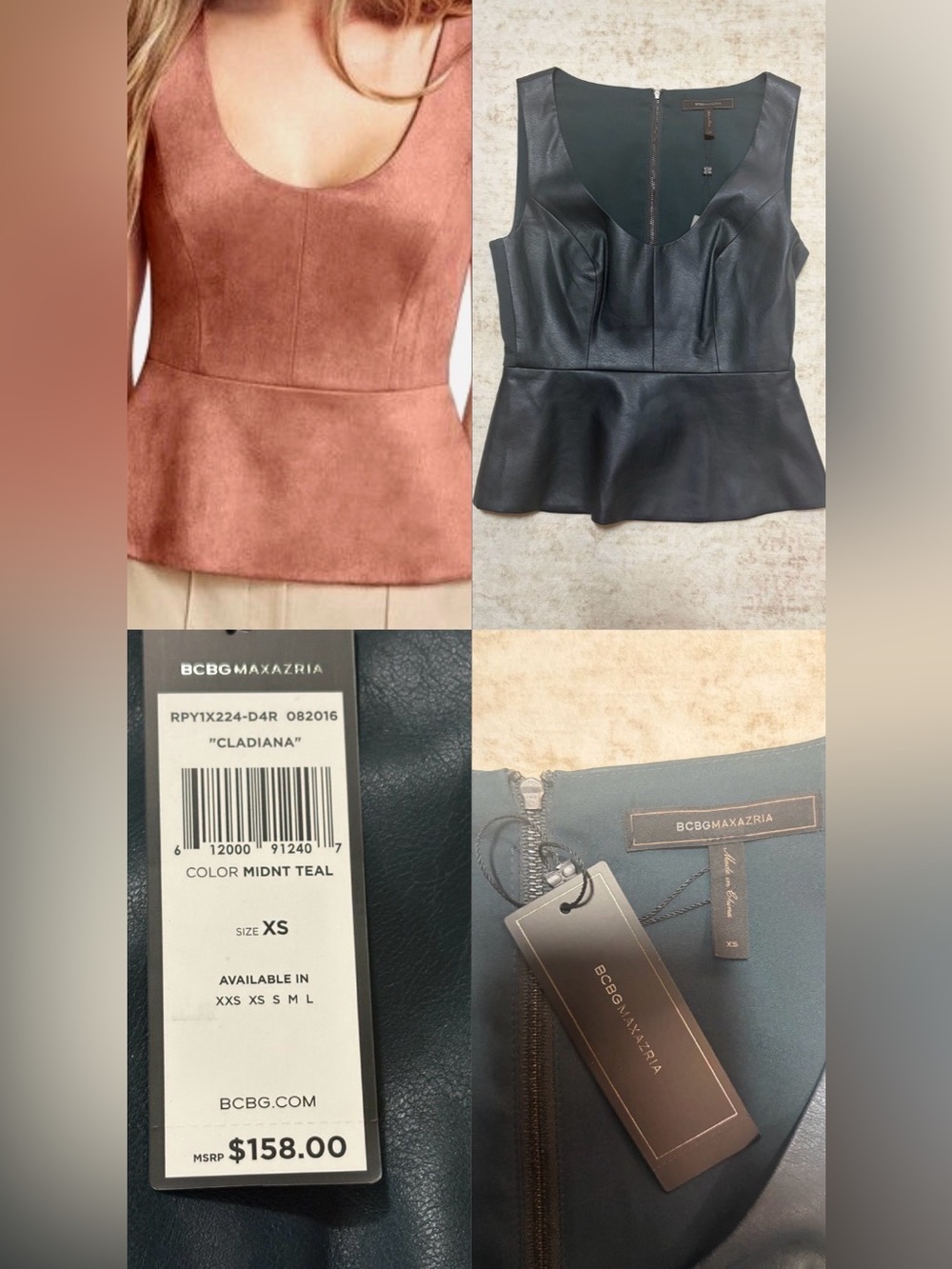 NWT BCBG MaxAzria XS Cladiana vegan leather peplum top in Midnt Teal *